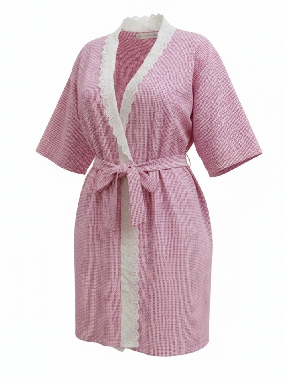 EILEEN WEST | Coquette Pink Seersucker Gingham‎ Plaid Lace Trim Belted Robe | L